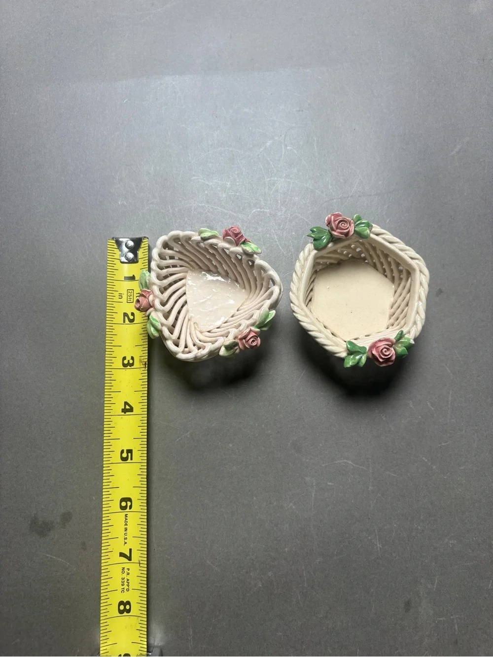 Cottagecore Handmade Italy Ceramic Rose Basket Pair Ring Dish Trinket Dish
